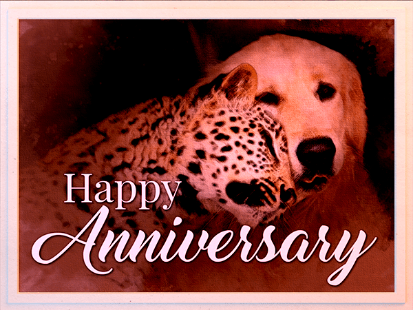 anniversary ecard with watercolor illustration of dog and leopard nuzzling