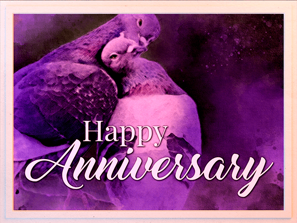 anniversary ecard with watercolor illustration of pigeons preening