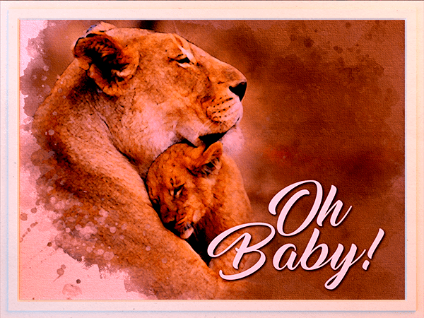 new baby ecard with watercolor illustration of lioness and cub