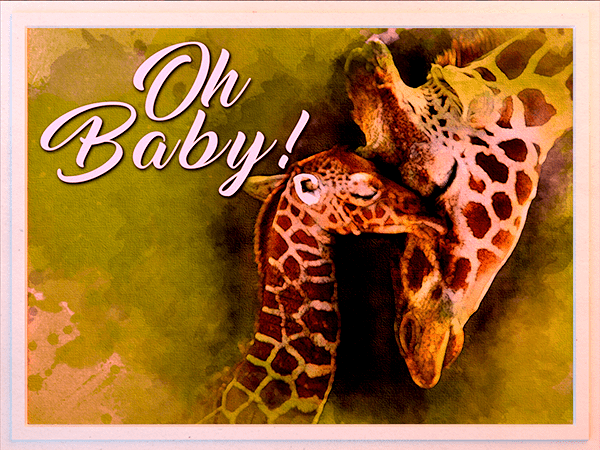 new baby ecard with watercolor illustration of giraffe adult and calf