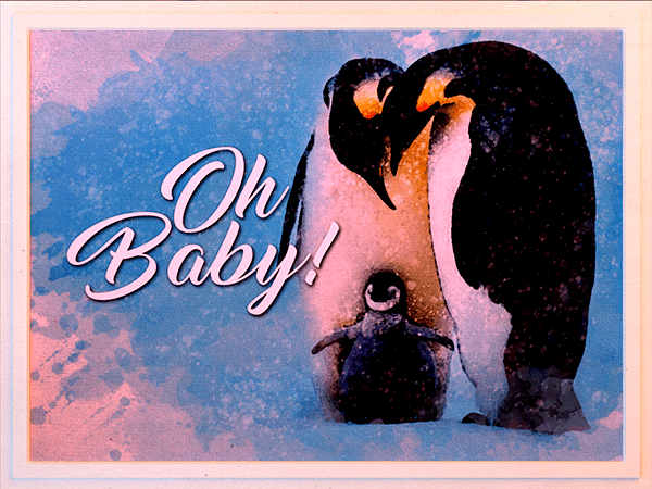 new baby ecard with watercolor illustration of penguin parents and chick