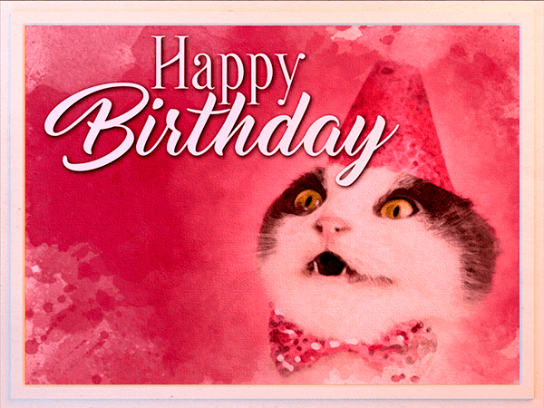 birthday ecard with watercolor illustration of cat wearing party hat