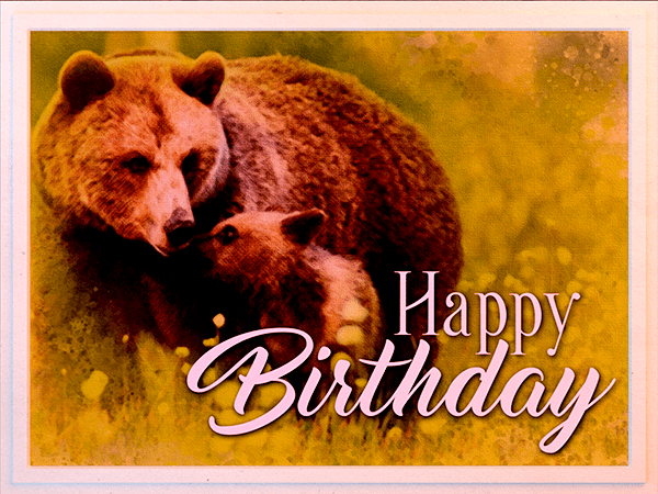 birthday ecard with watercolor image of bear cub and adult