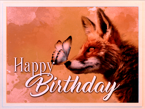 Birthday eCard with watercolor painting of fox and butterfly