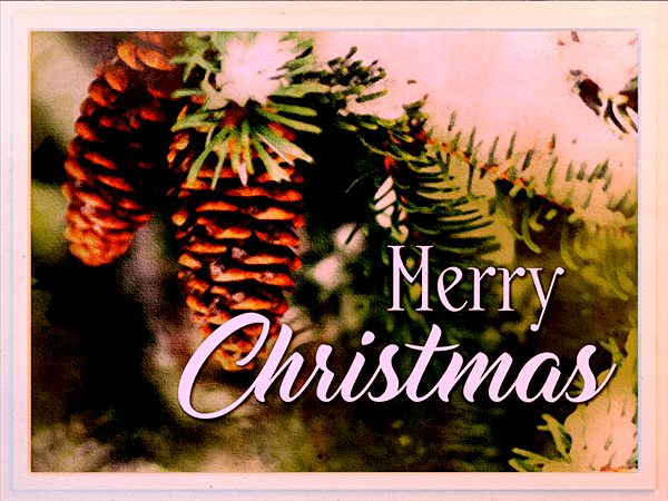 christmas ecard with watercolor graphic of pinecones in snowy tree