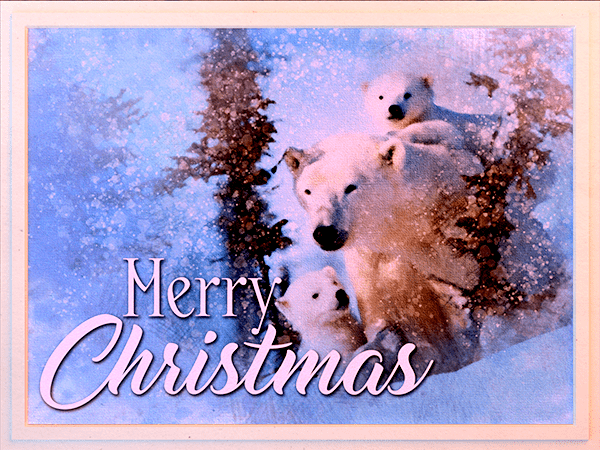 christmas ecard with watercolor painting of polar bear family in snow