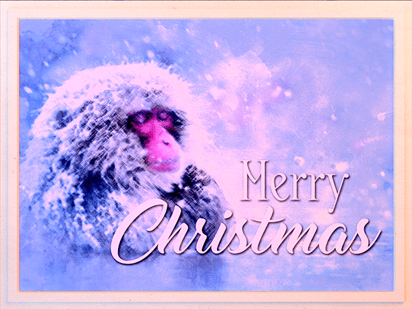 christmas ecard with watercolor painting of snow monkey in hot spring