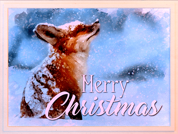 christmas ecard with watercolor painting of fox in snow