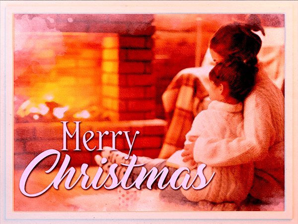 christmas ecard with watercolor painting of mother and child in front of fireplace