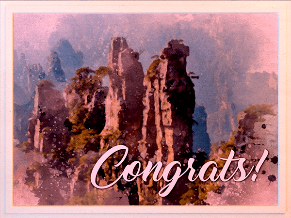 congratulations ecard with watercolor illustration of tianzi mountains in china