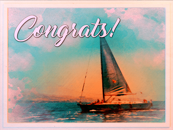 congratulations ecard with watercolor illustration of sailboat at sunset