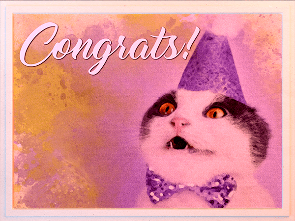 congratulations ecard with watercolor illustration of cat in party hat