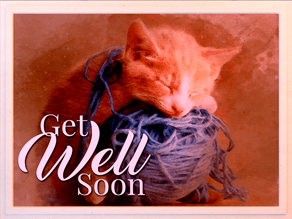 get well ecard with watercolor illustration of kitten resting on ball of yarn