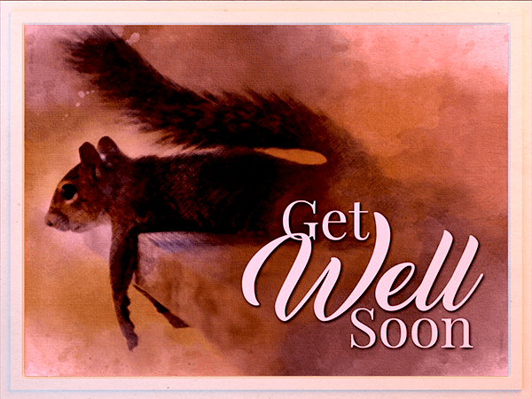 get well ecard with watercolor illustration of squirrel resting on bench