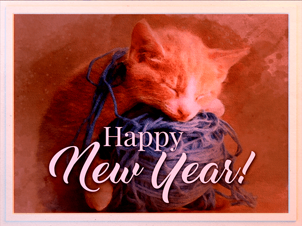 new years ecard with watercolor illustration of kitten resting on ball of yarn