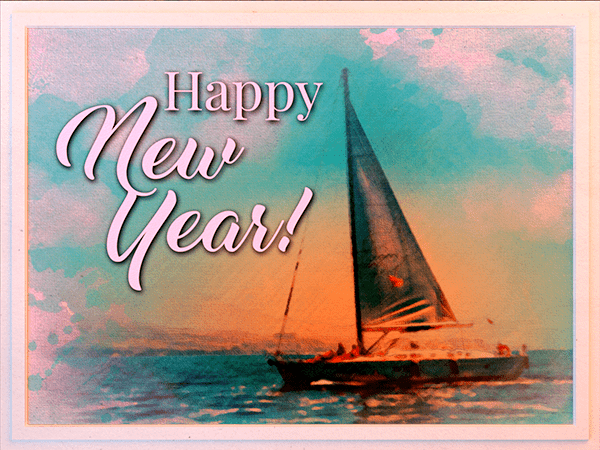 new years ecard with watercolor illustration of sailboat at sunset