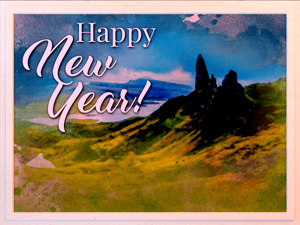 new years ecard with watercolor illustration of scottish highlands