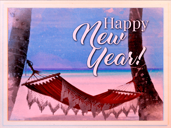 new years ecard with watercolor illustration of beachside hammock