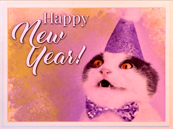 new years ecard with watercolor illustration of cat wearing party hat