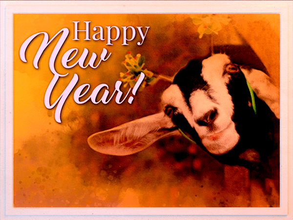 new years ecard with watercolor illustration of goat wearing party headband