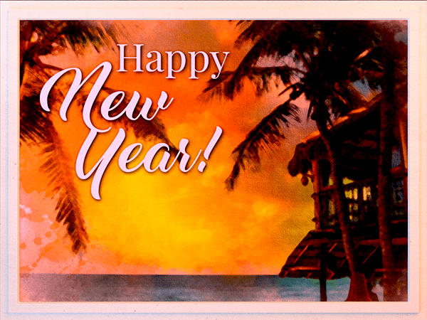 new years ecard with watercolor illustration of oceanside hut