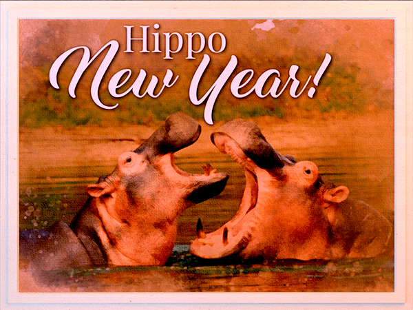 new years ecard with watercolor illustration of hippos in the water