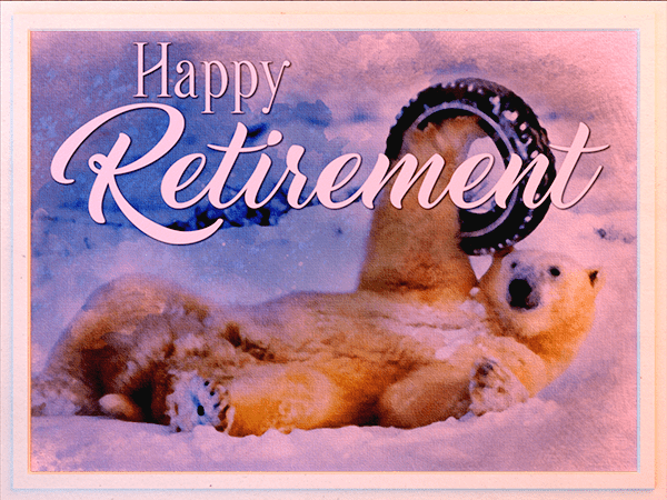 retirement ecard with watercolor illustration of polar bear holding tire