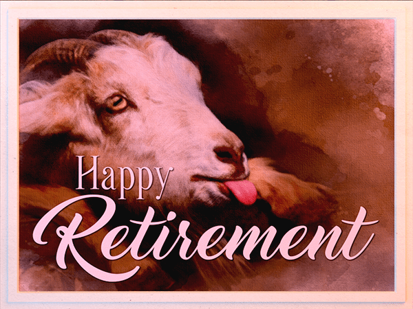 retirement ecard with watercolor illustration of goat sticking out its tongue