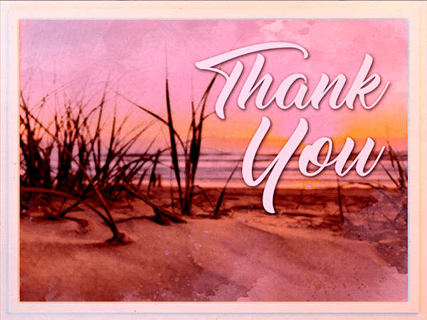 thank you ecard with watercolor illustration of oceanside at sunrise