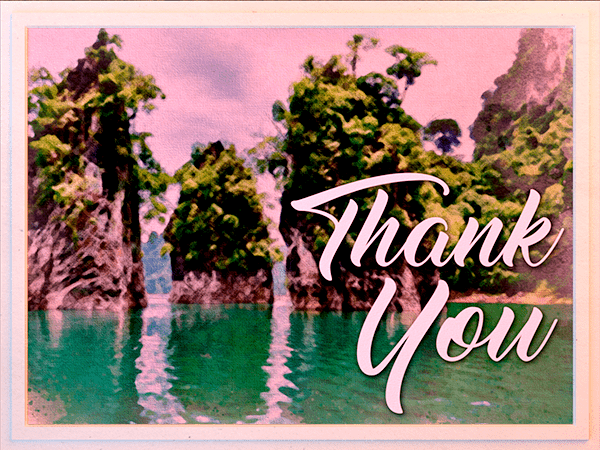 thank you ecard with watercolor illustration of rock islands in thailand