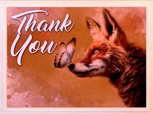 thank you ecard with watercolor illustration of fox and butterfly