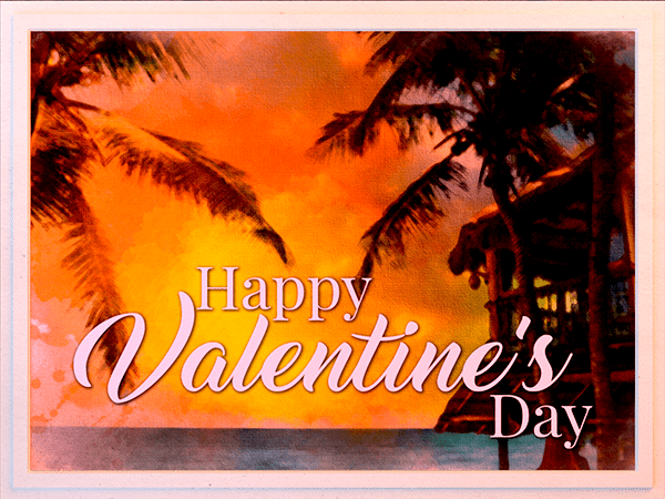 valentines day ecard with watercolor illustration of oceanside hut