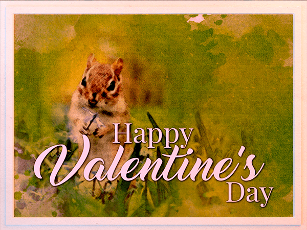 valentines day ecard with watercolor illustration of chipmunk holding flower