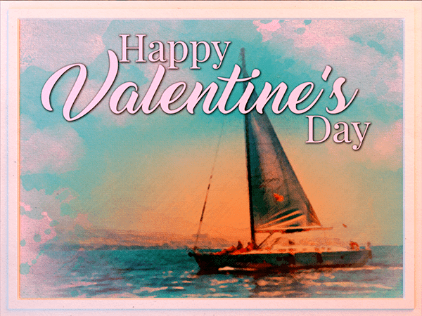 valentines day ecard with watercolor illustration of sailboat at sunset