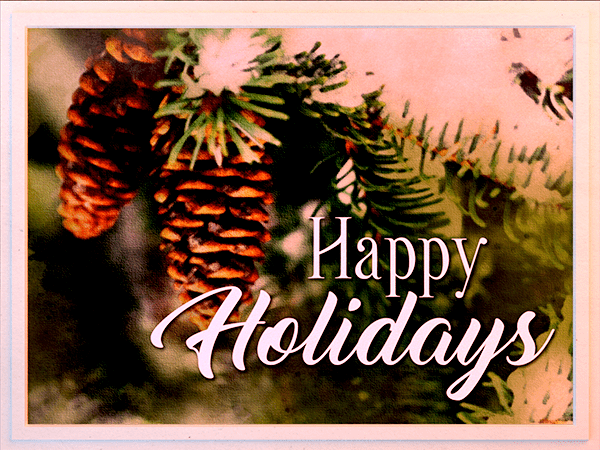 happy holidays ecard with watercolor graphic of pinecones hanging in snowy tree