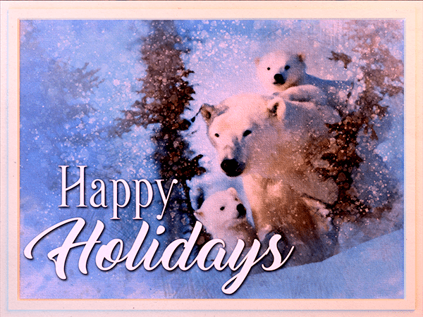 happy holidays ecard with watercolor painting of polar bear family in snow