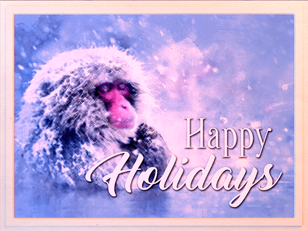 happy holidays ecard with watercolor graphic of snow monkey in hot spring