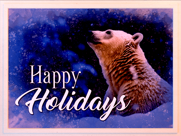 happy holidays ecard with watercolor painting of polar bear in the snow