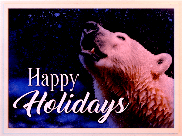 happy holidays ecard with watercolor painting of polar bear in the snow