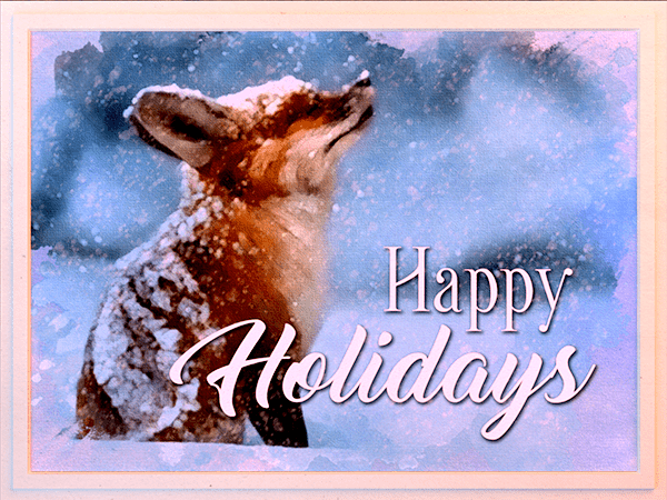 happy holidays ecard with watercolor painting of fox in snow