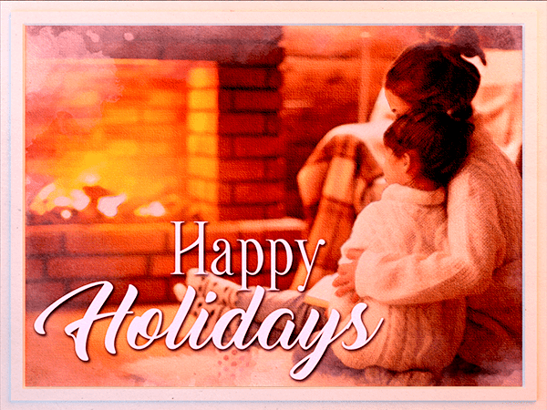 happy holidays ecard with watercolor graphic of mother and child in front of fireplace