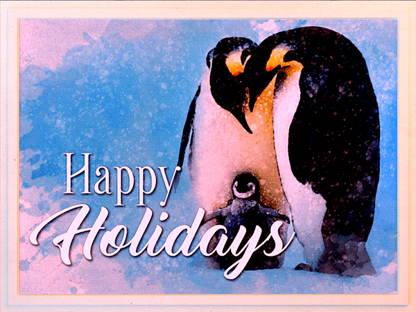 happy holidays ecard with watercolor painting of penguin family in the snow