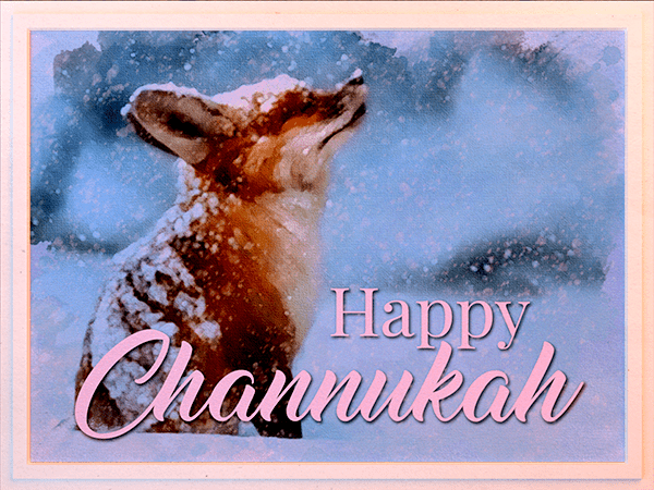 channukah ecard with watercolor painting of fox in the snow