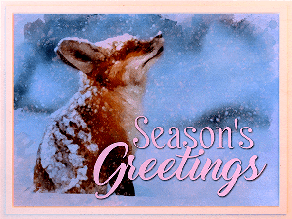 seasons greetings ecard with watercolor painting of young fox in the snow