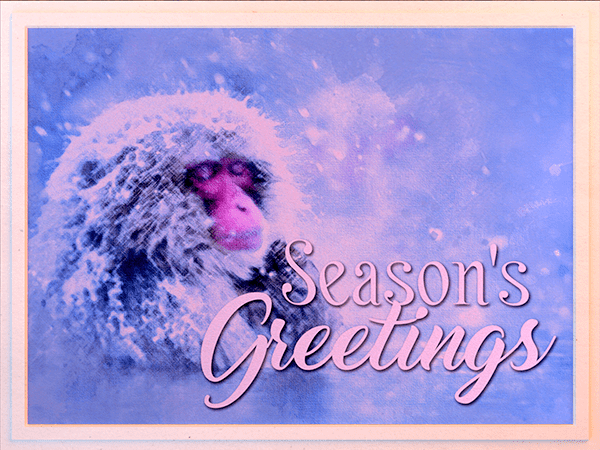 seasons greetings ecard with watercolor painting of snow monkey in hot spring