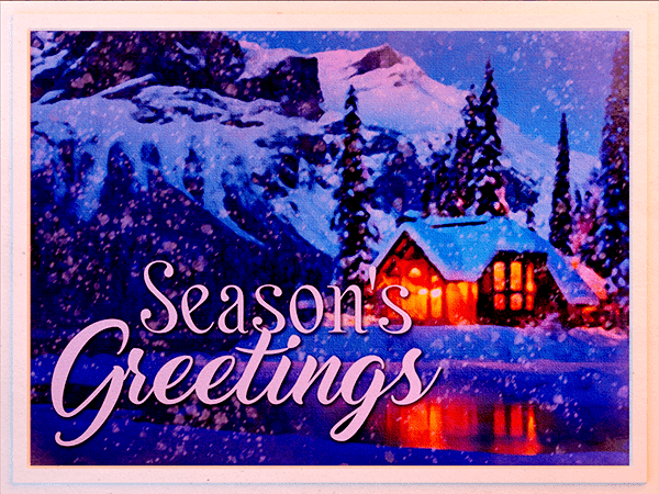 seasons greetings ecard with watercolor painting of cottage in winter landscape