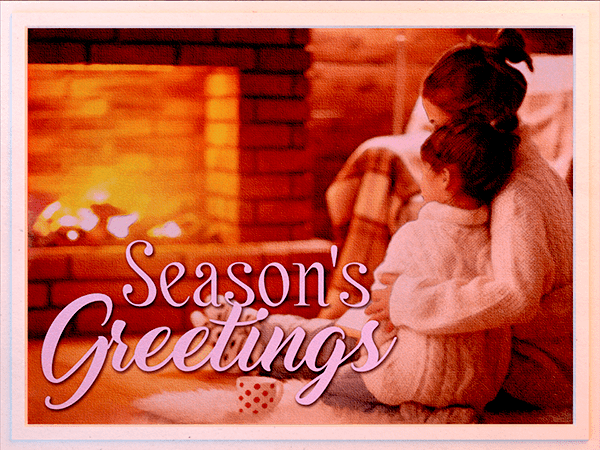 seasons greetings ecard with watercolor graphic of mother and child in front of fireplace