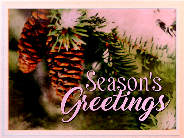 seasons greetings ecard with watercolor painting of pinecones hanging on snowy tree